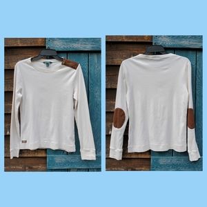 Ralph Lauren LRL Womens Top Faux Suede Elbow Patches Scoop Neck Ivory L